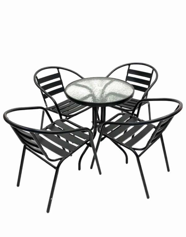 Round Glass Table & 4 Black Steel Chairs - BE Furniture Sales