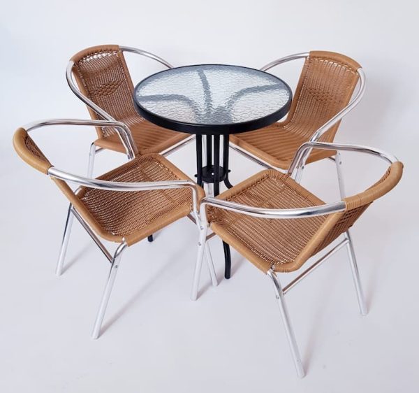 Black and Glass Table & 4 Natural Rattan Chairs - BE Furniture Sales