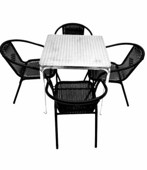 Black Garden Cafe Set - Aluminium Square Table & 4 Rattan Steel Chairs - BE Furniture Sales