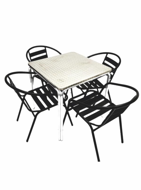 Outdoor Stacking Furniture Set - Aluminium Stacking Table & 4 Black Steel Chairs - BE Furniture Sales