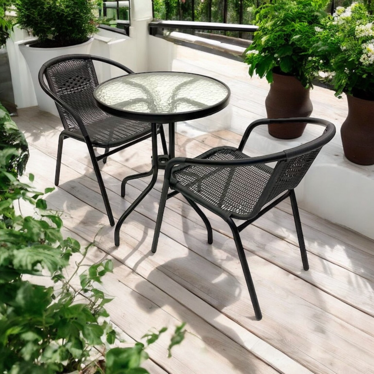 Rattan Garden Set Round Glass Table 2 Rattan Chairs