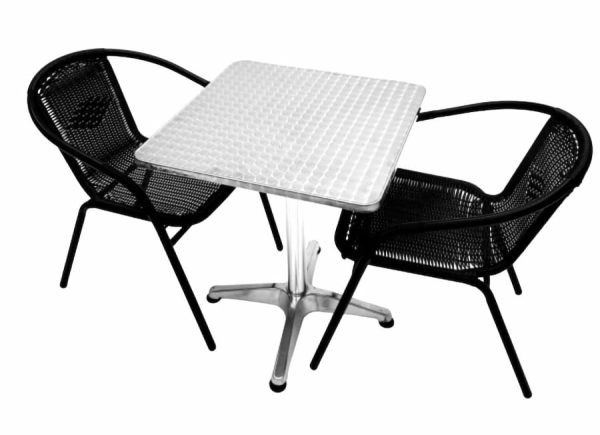 Black Rattan Garden Furniture Set - Square Pedestal Table & 2 Rattan Steel Chairs - BE Furniture Sales