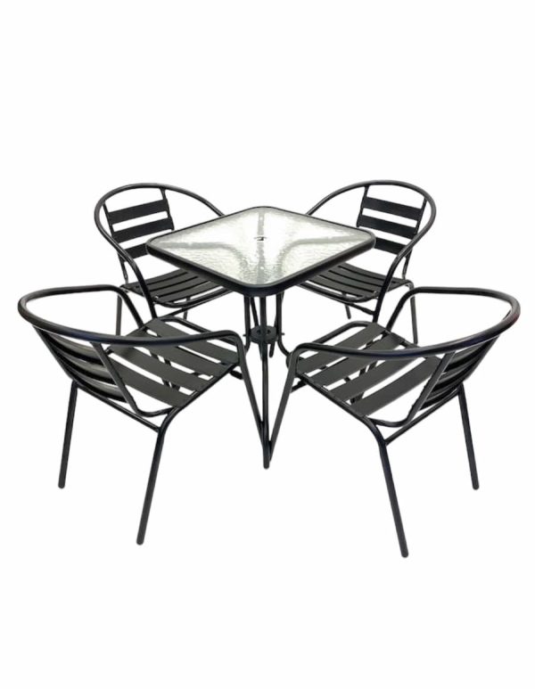 Outdoor Garden Furniture Set - Square Glass Table & 4 Black Steel Chairs - BE Furniture Sales