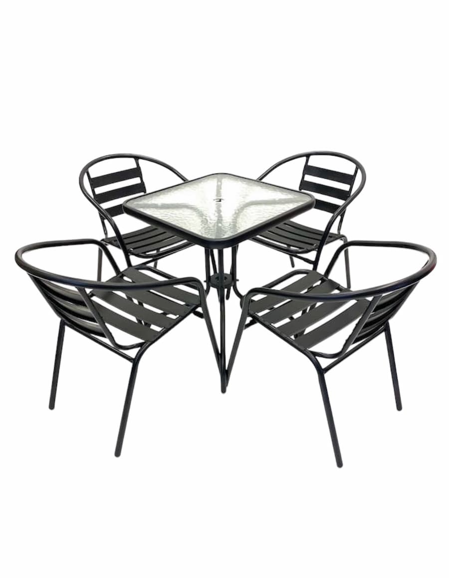 Outdoor Garden Furniture Set Square Glass Table & 4 Black Steel