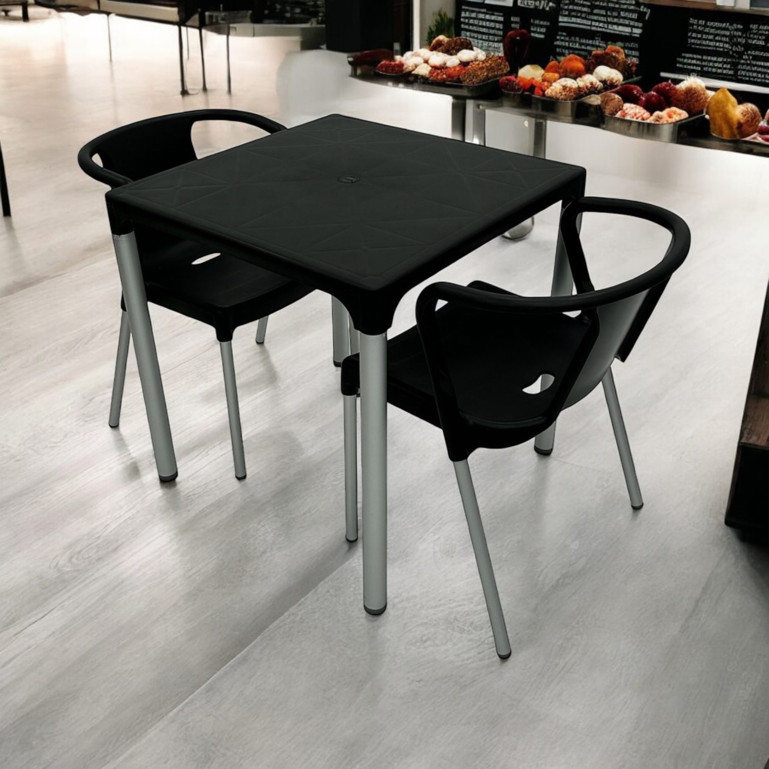 Black Plastic Cafe Set Table 2 Chairs