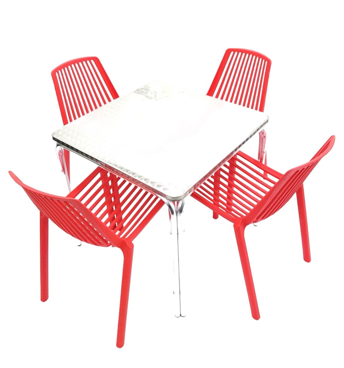 Red Cafe Bistro Furniture, Aluminium Table & 4 Red Chairs