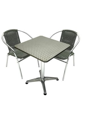 Aluminium Table & 2 Grey Rattan Chairs