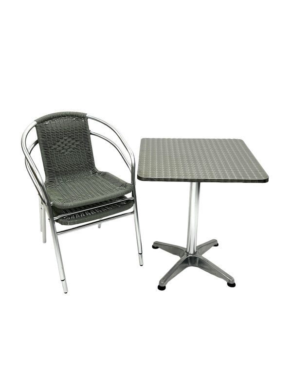 Aluminium Table & 2 Grey Rattan Chairs