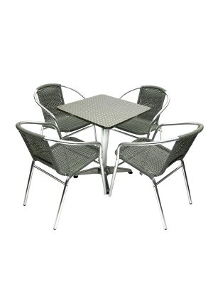 Aluminium Table & 4 Grey Rattan Chairs