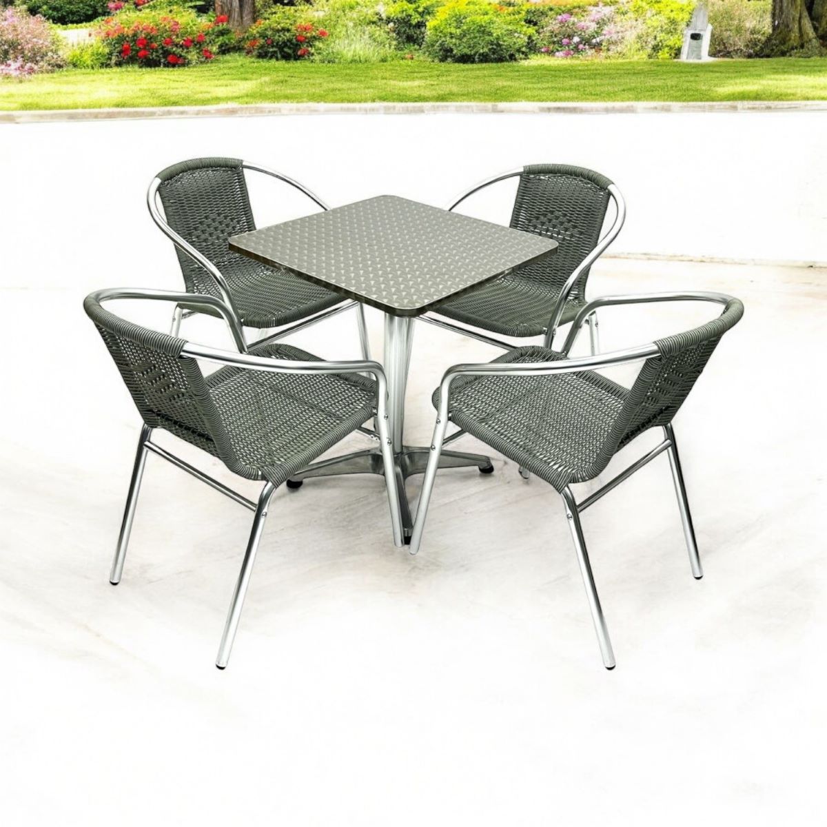 Square Aluminium Table & 4 Grey Rattan Chairs Set - BE Furniture Sales