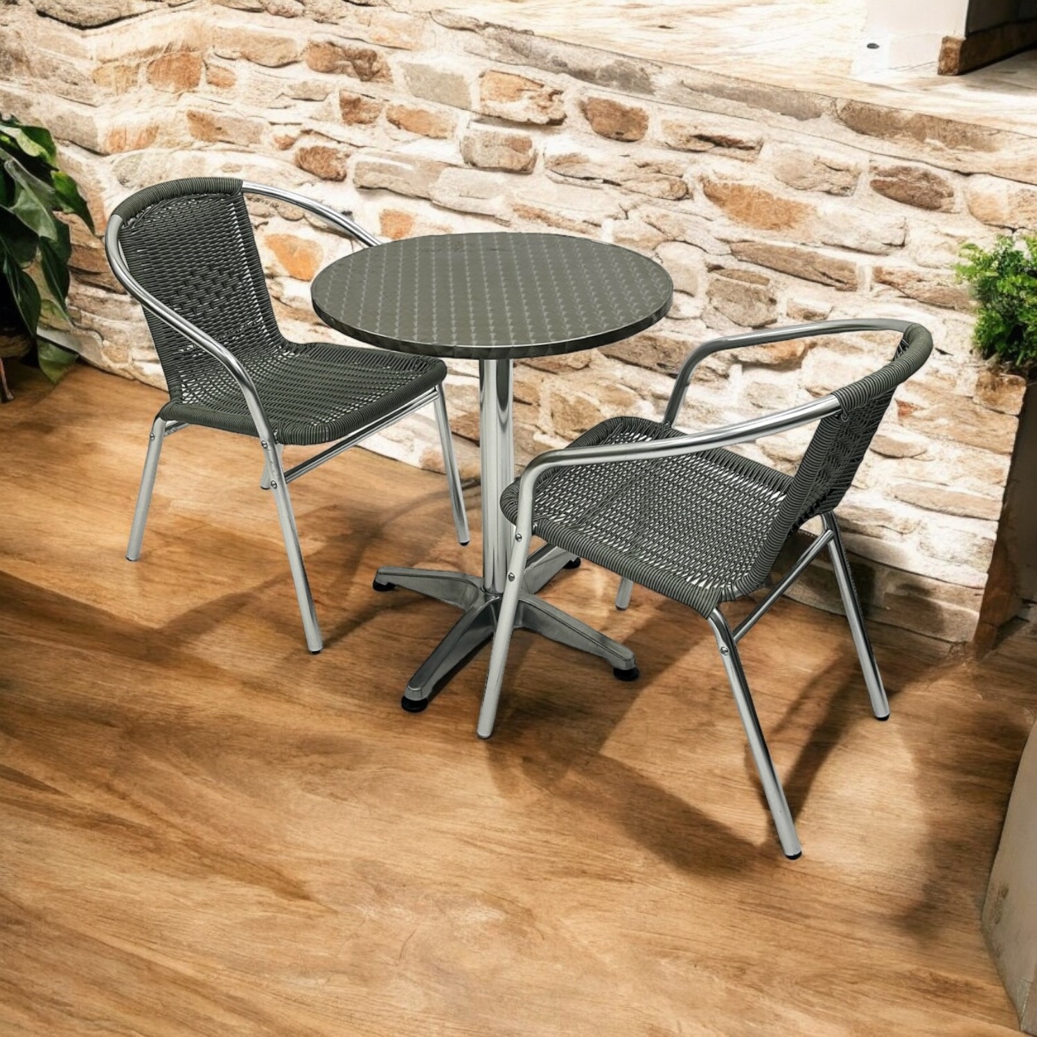 Round Pedestal Aluminium Table & 2 Grey Rattan Chairs