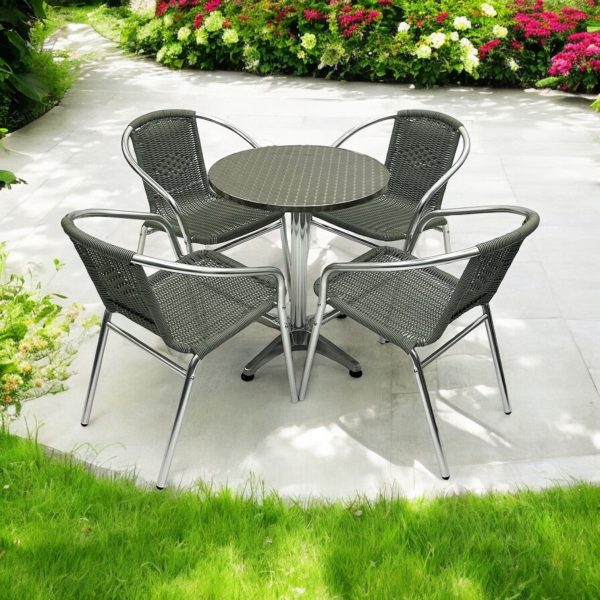 Round Aluminium Table & 4 Grey Rattan Stacking Chairs - BE Furniture Sales